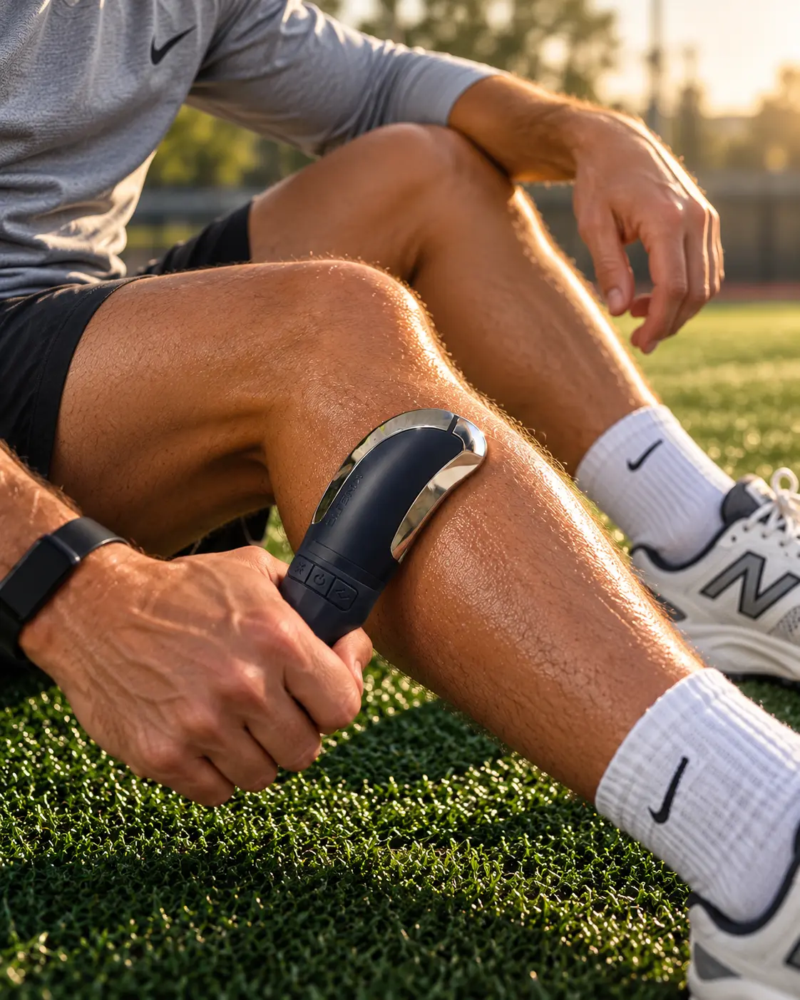 An athlete using the KINETIQ EDGE on his lower leg at an outdoor sports field